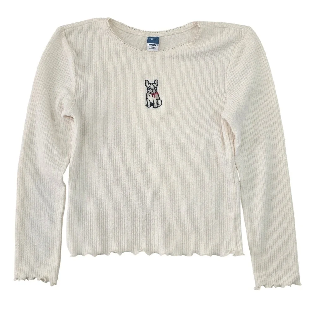 Old‎ Navy Girls Cozeplush Ribbed Top Cream French Bulldog Embroidered Size M 8